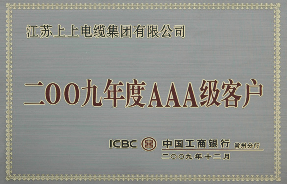 江蘇上上電纜集團(tuán)榮獲“中國(guó)工商銀行2009年度AAA級(jí)客戶(hù)”稱(chēng)號(hào)